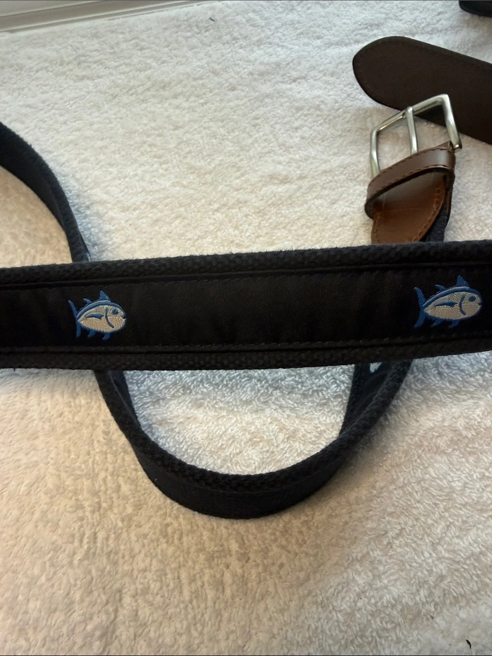 Southern Tide Navy Blue Canvas Belt with Brown Leather Trim and Tuna